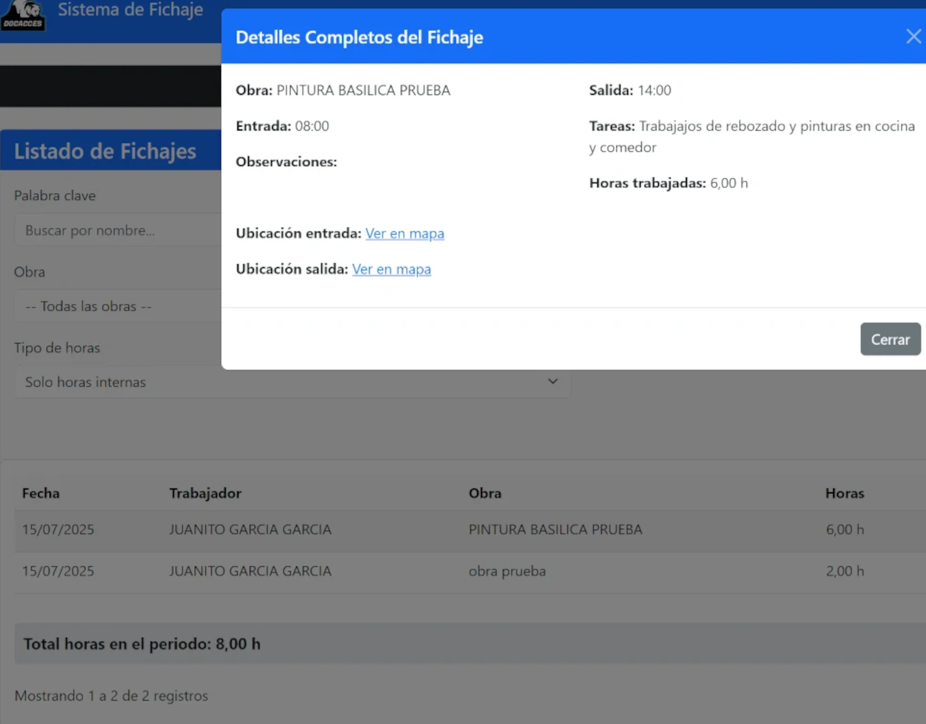 Pantalla software control horario trabajadores construcción - Docacces